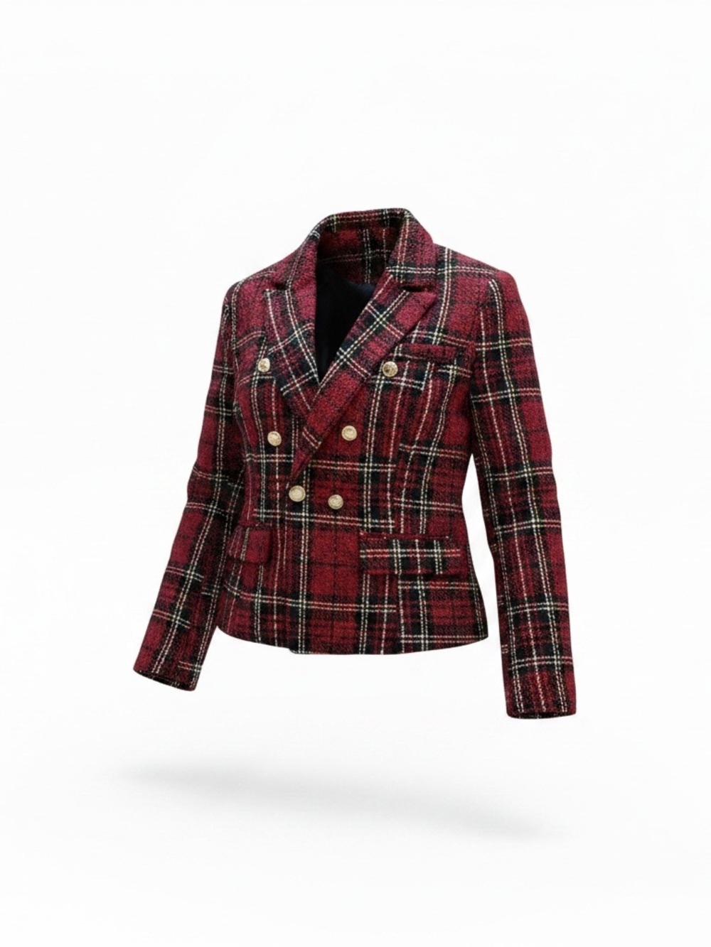 Womens Double-Breasted Red Plaid Tweed Blazer Jacket